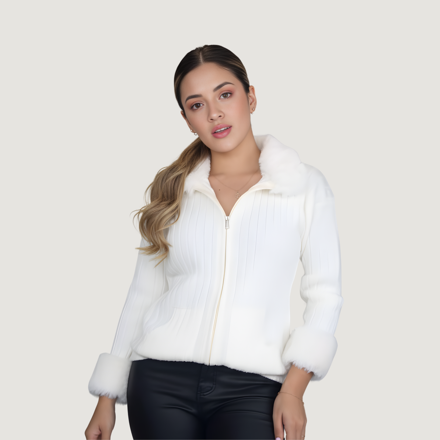 Zip Up Fur Collar Sweater Knit