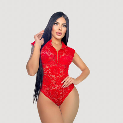 Women's Lace Bodysuit Top - Zipper Detail..