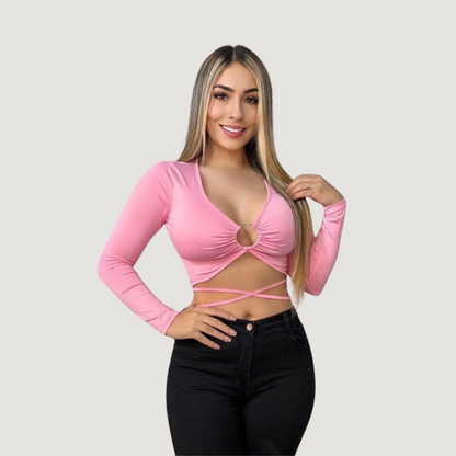Long Sleeve Crop Top - Open Neckline