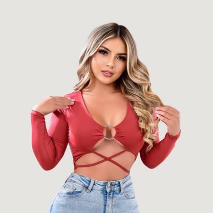 Long Sleeve Crop Top - Open Neckline