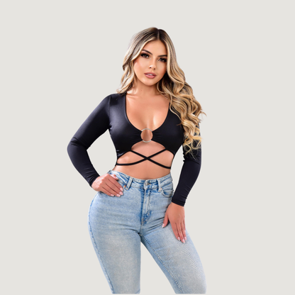 Long Sleeve Crop Top - Open Neckline