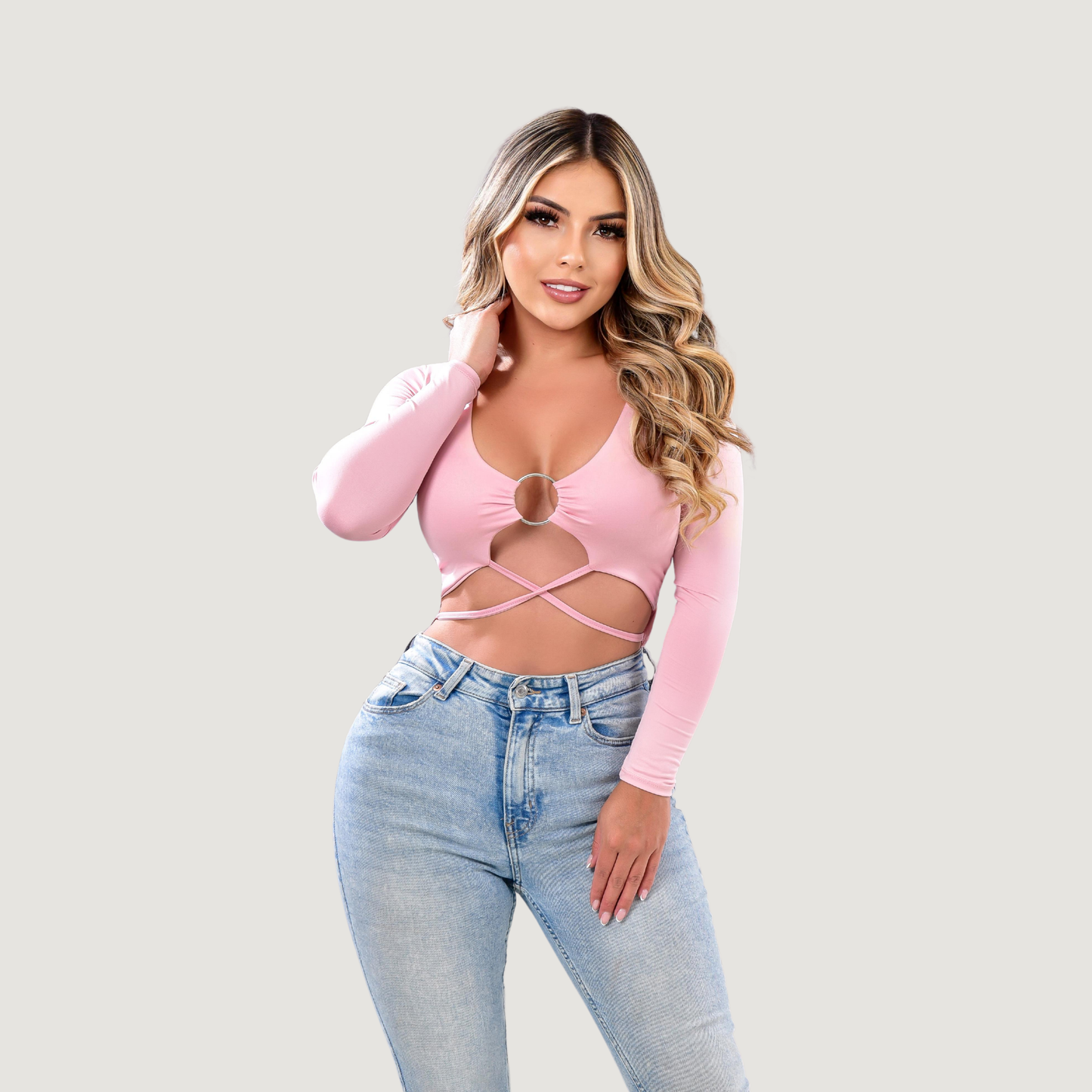 Long Sleeve Crop Top - Open Neckline