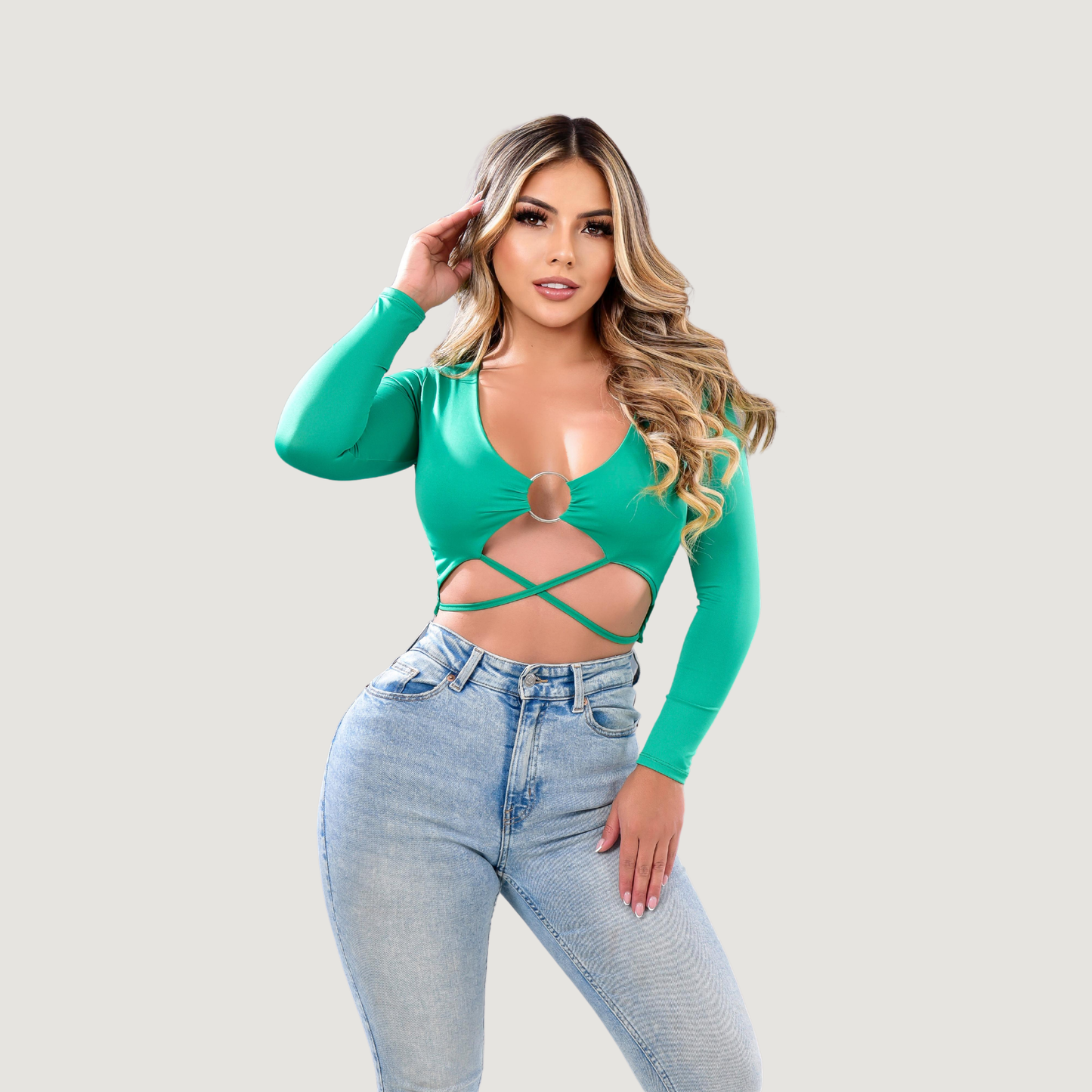Long Sleeve Crop Top - Open Neckline