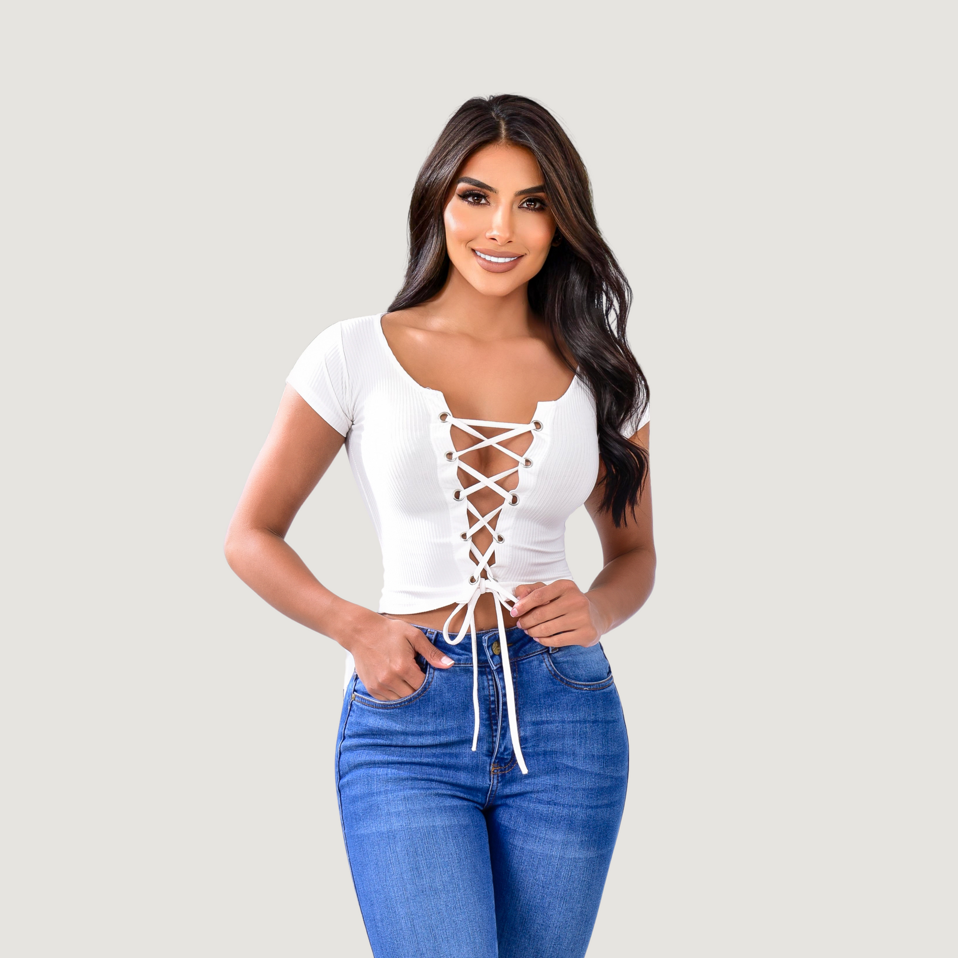 Criss cross crop top with lace-up neckline - Saida Fashion 