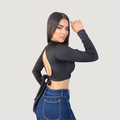 Ribbed Backless Long Sleeve Top