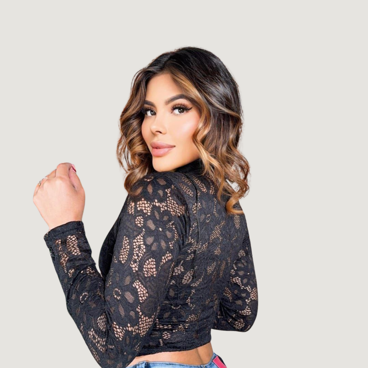 Stretch Lace Top with Sexy Cut-Outs and Long Sleeves for Women..