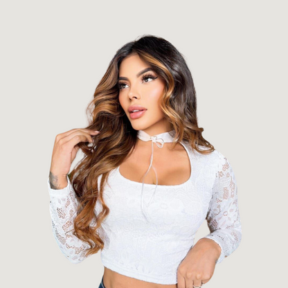 Stretch Lace Top with Sexy Cut-Outs and Long Sleeves for Women..