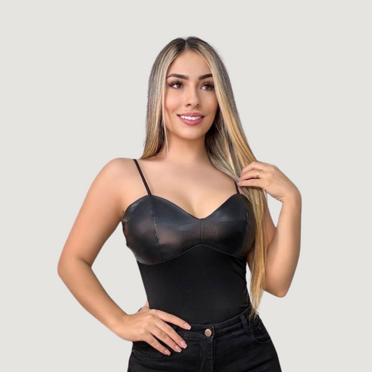 Leather Crop Top - Sheer Mesh Back - V-Neck