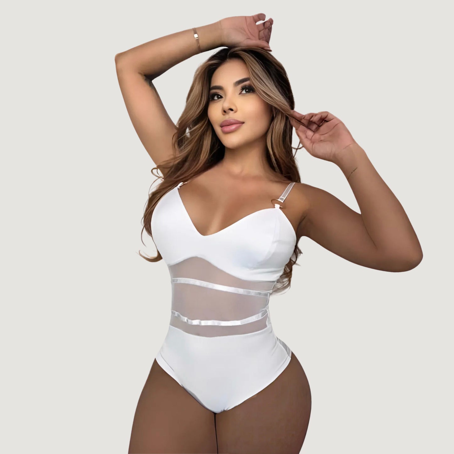 Sheer Mesh Bodysuit with Metallic Touch..