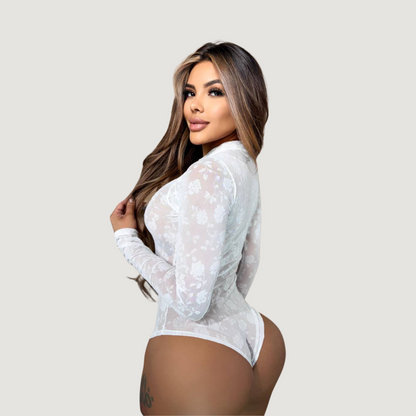 Leopard Mesh Bodysuit with Velvet Texture..