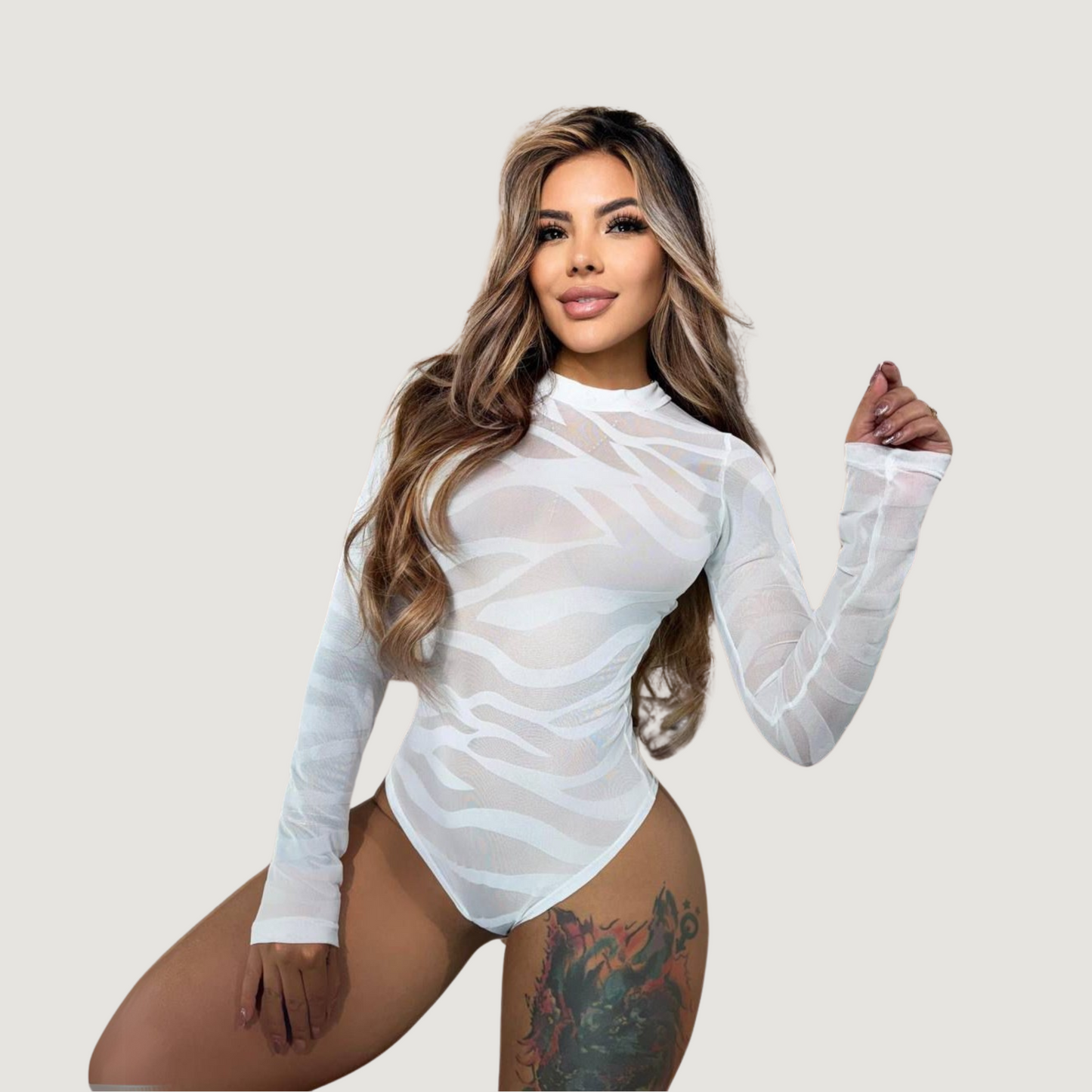 Leopard Mesh Bodysuit with Velvet Texture..