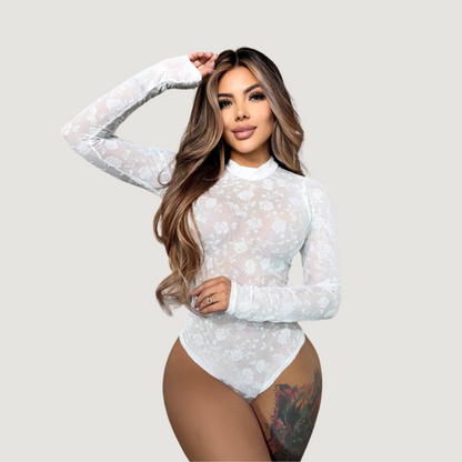 Leopard Mesh Bodysuit with Velvet Texture..