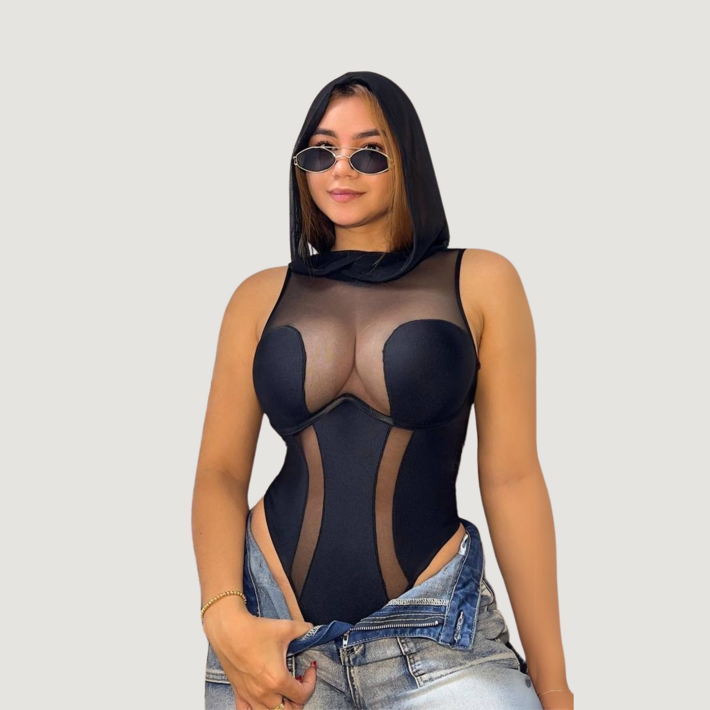 Hooded Mesh Bodysuit for Women
