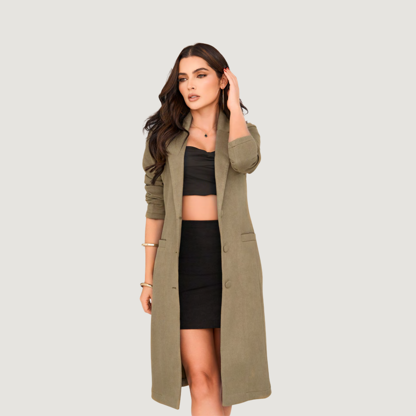 Covered-Button Suede Trench
