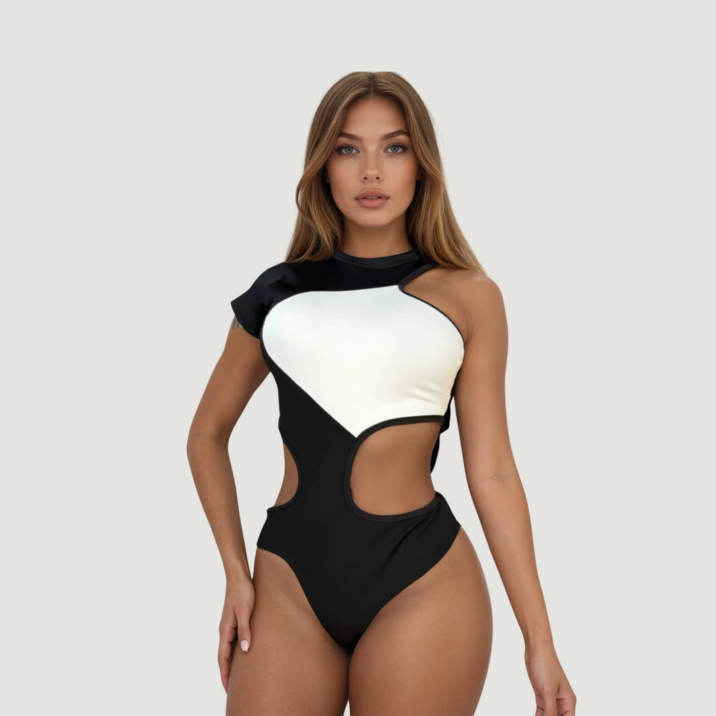 Cut Out Bodysuit - Asymmetric Sleeve