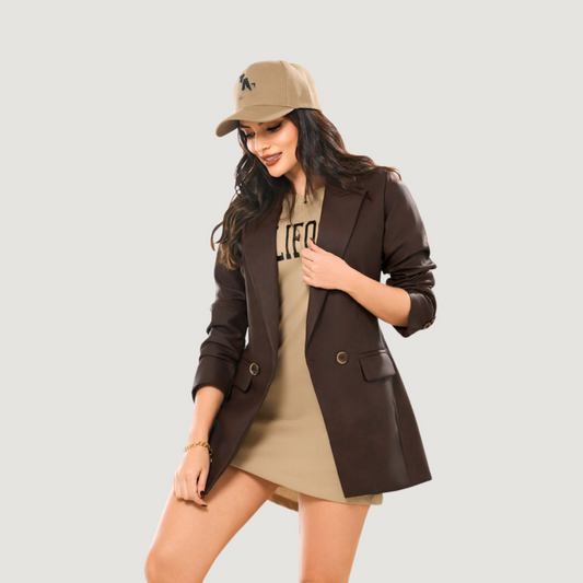 Double-Breasted Matte Faux Leather Blazer