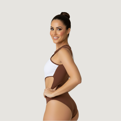 Cut Out Bodysuit - Asymmetric Sleeve