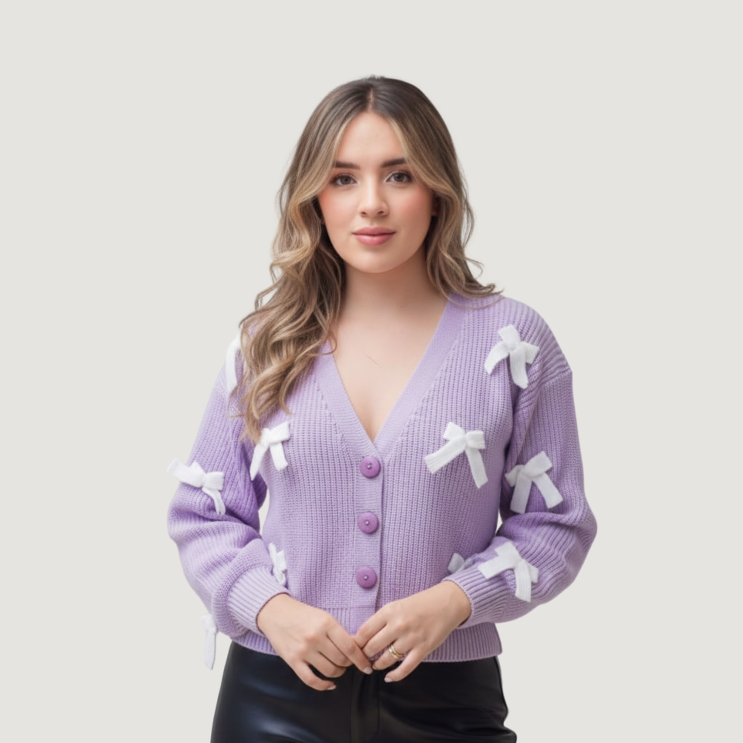 Button Front Ribbon Bow Knit