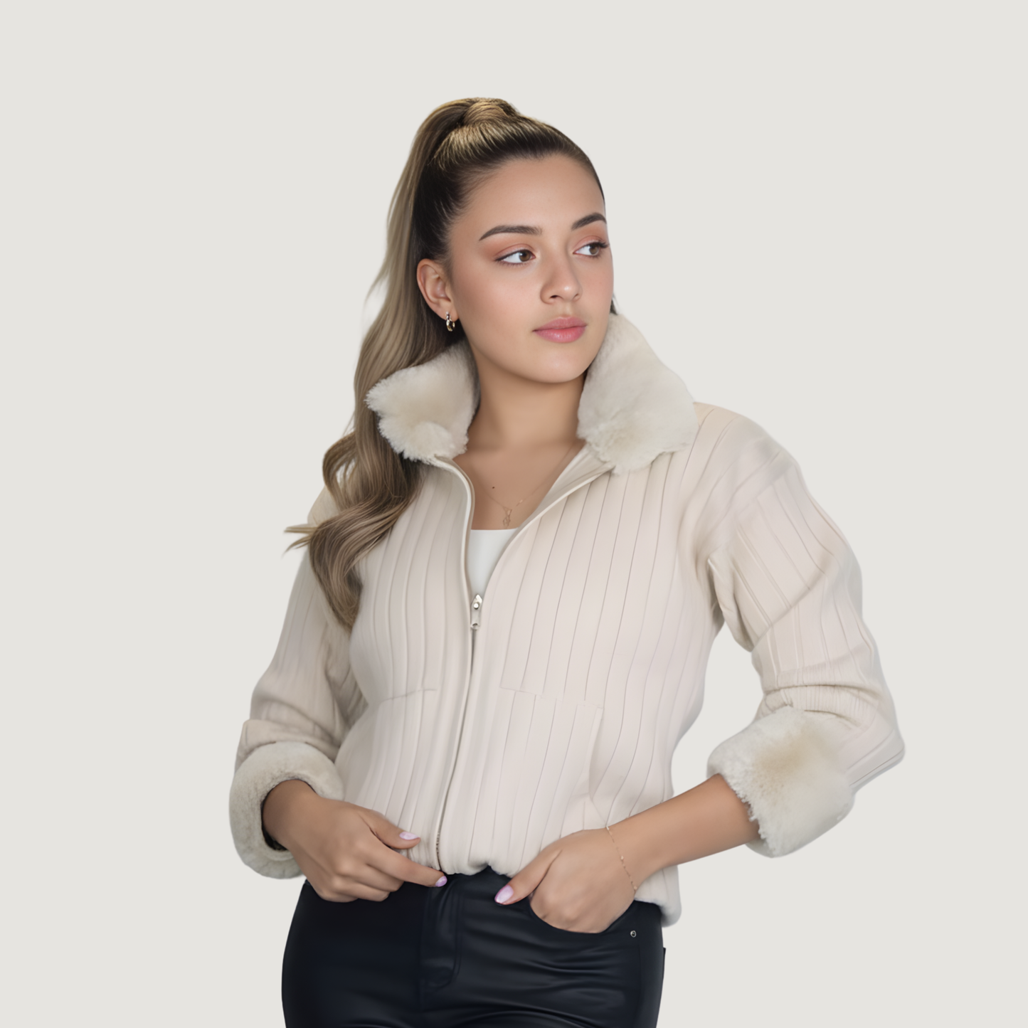 Zip Up Fur Collar Sweater Knit