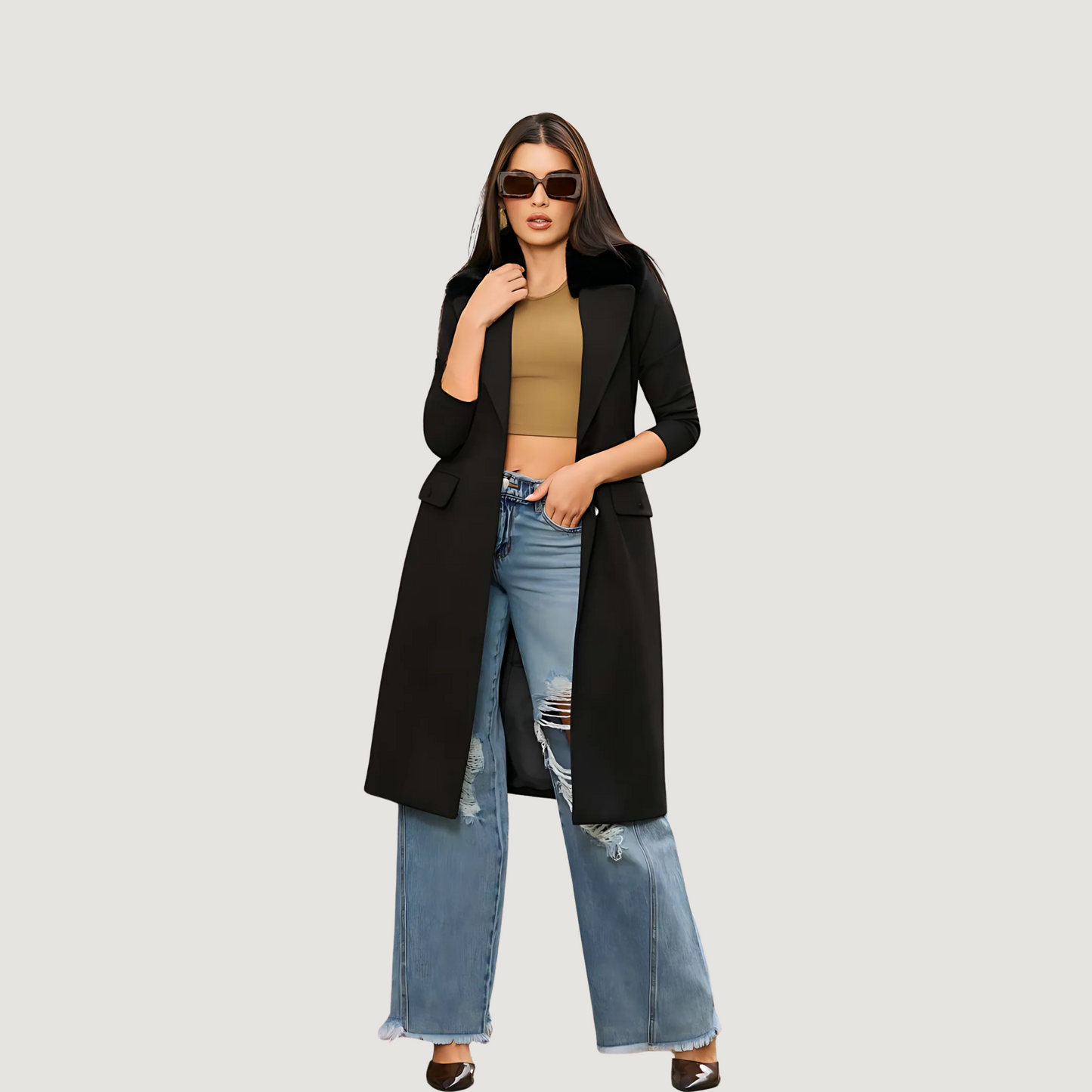 Black Coat with Faux Fur Lapel