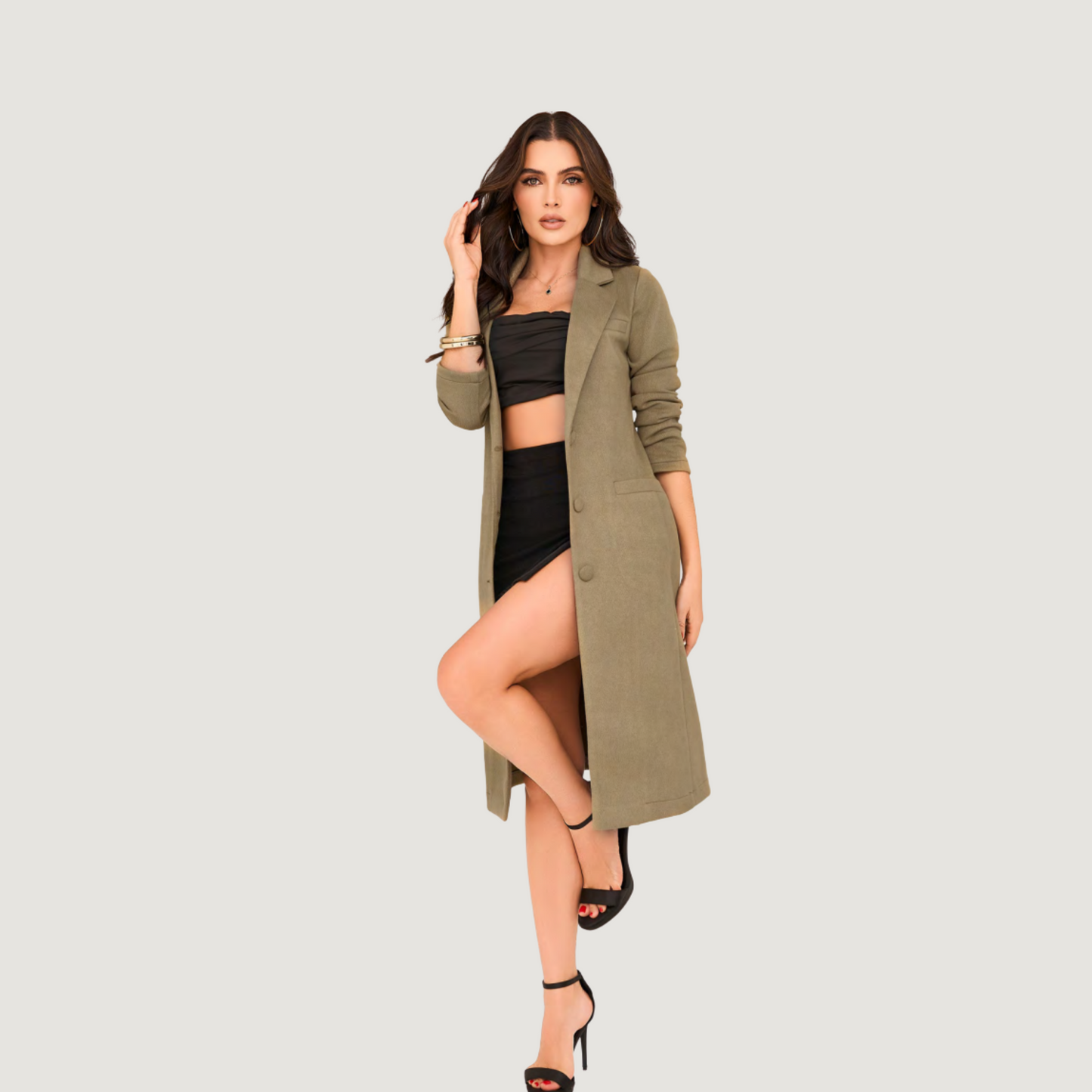 Covered-Button Suede Trench