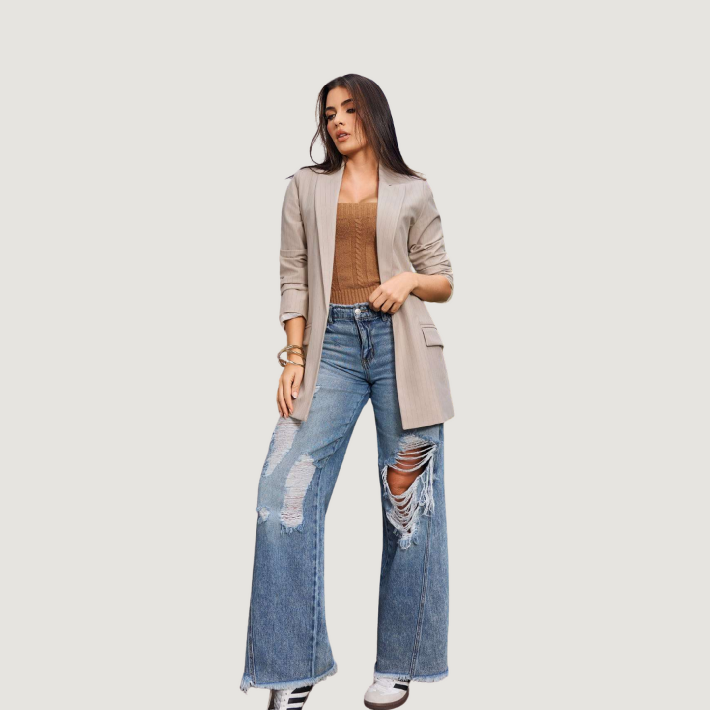 Chic Crepe Chalk Stripe Long Blazer