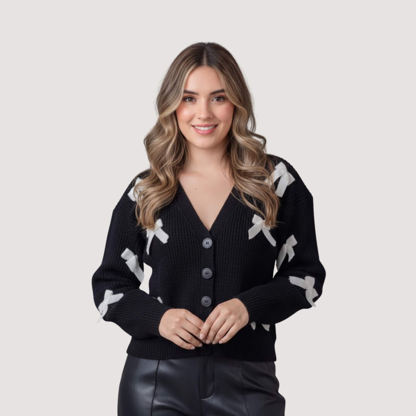 Button Front Ribbon Bow Knit