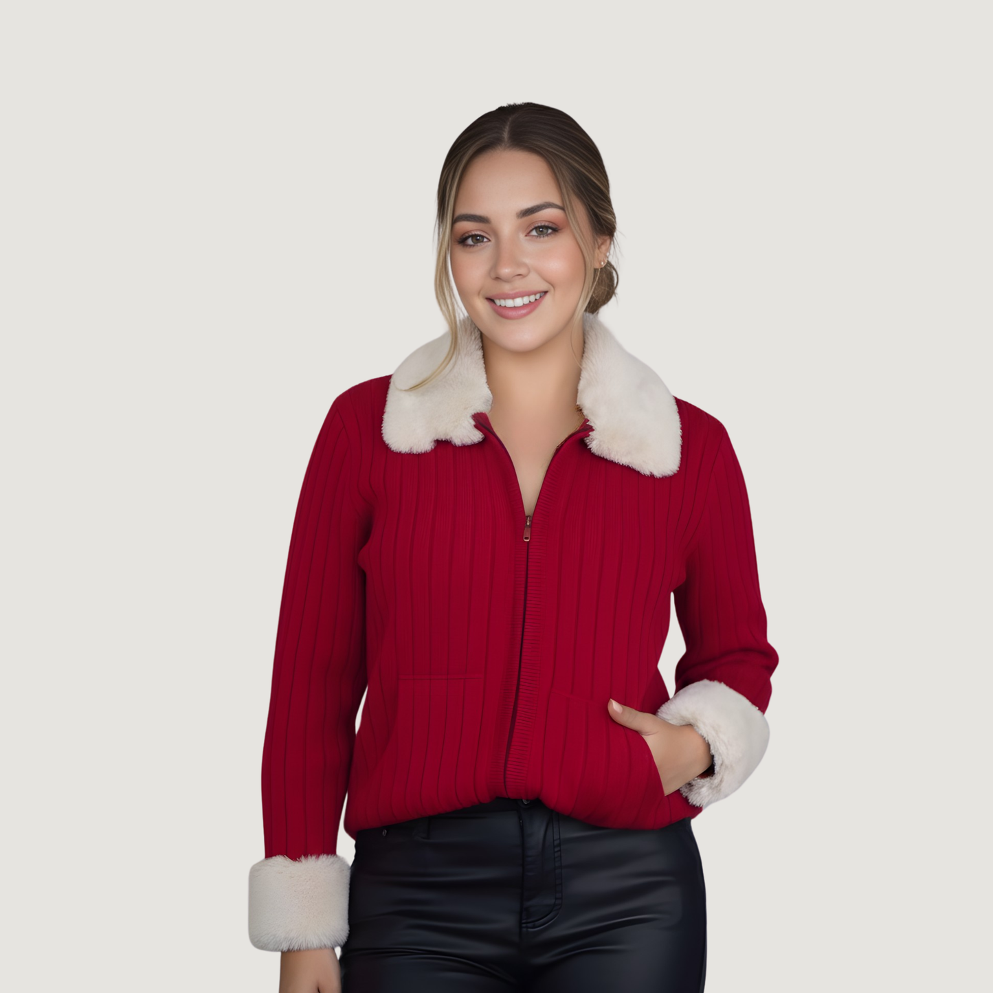 Zip Up Fur Collar Sweater Knit