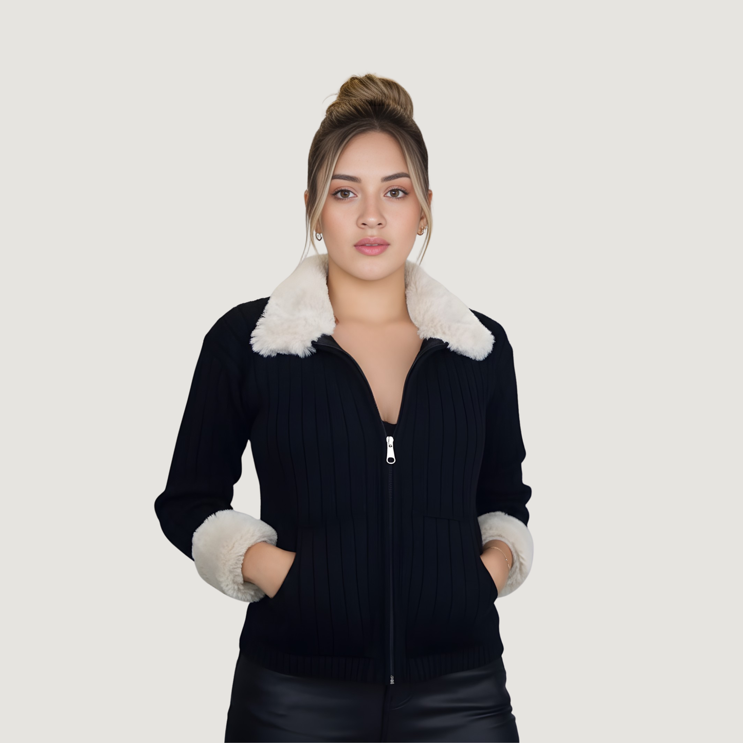 Zip Up Fur Collar Sweater Knit