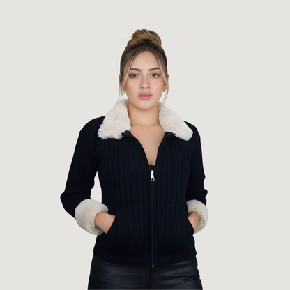 Zip Up Fur Collar Sweater Knit