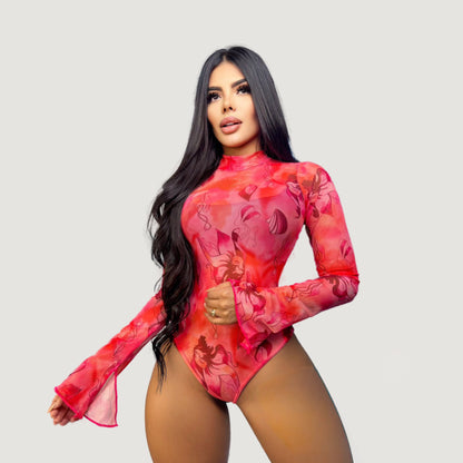 Bodysuits For Women - Mesh Bell Sleeves