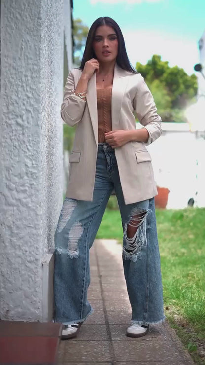 Chic Crepe Chalk Stripe Long Blazer