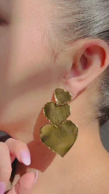 Big Earrings with Triple Heart Design