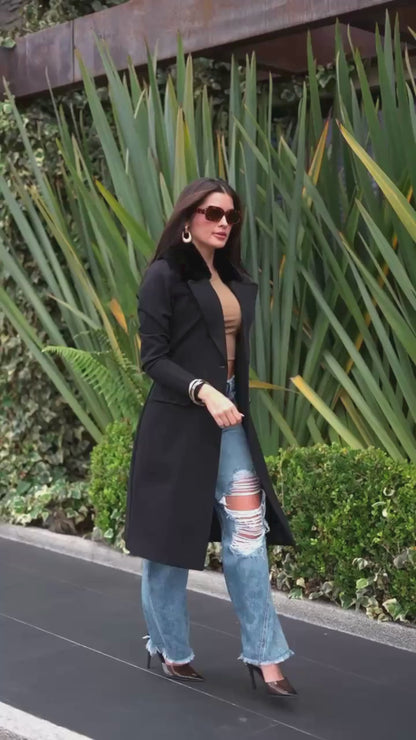 Black Coat with Faux Fur Lapel